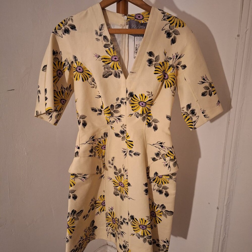 Lela Rose Women's Beige Floral-Print Gabardine Dress Size 2